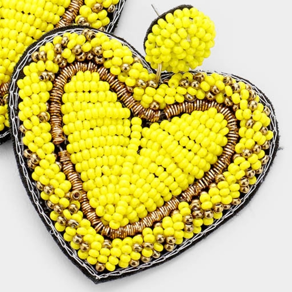 Yellow Beaded Heart Earrings Seed  Dangle Drop Fashion Jewelry Accessory - Picture 2 of 2